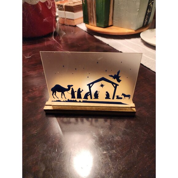 Nativity Silhouette Glass Candle Holder With Wooden Base - Picture 7 of 7
